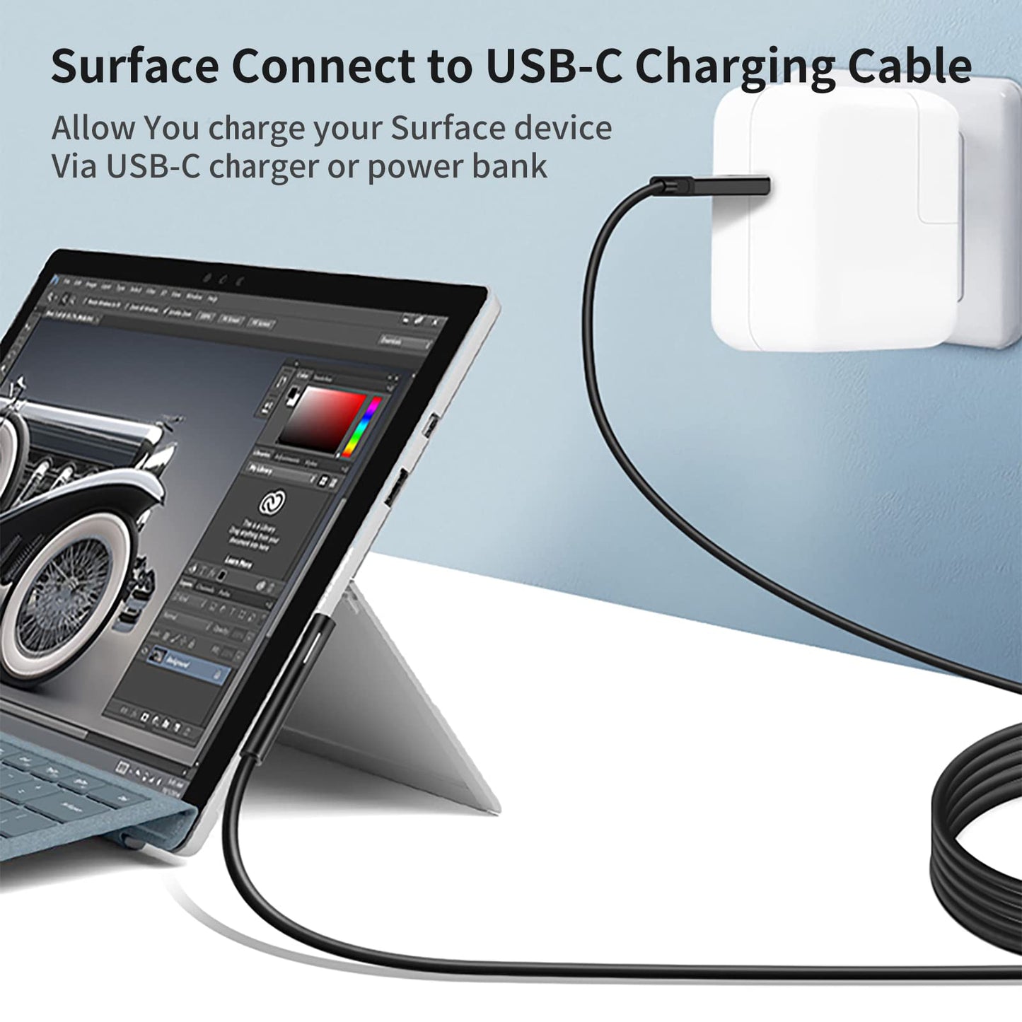 Sisyphy Surface Connect to USB-C Charging Cable (Black 10ft), Compatible for Microsoft Surface Pro 11/10/9/4/7/6/5/4/3 Go4/3/2/1 Laptop7/6/3/2/1
