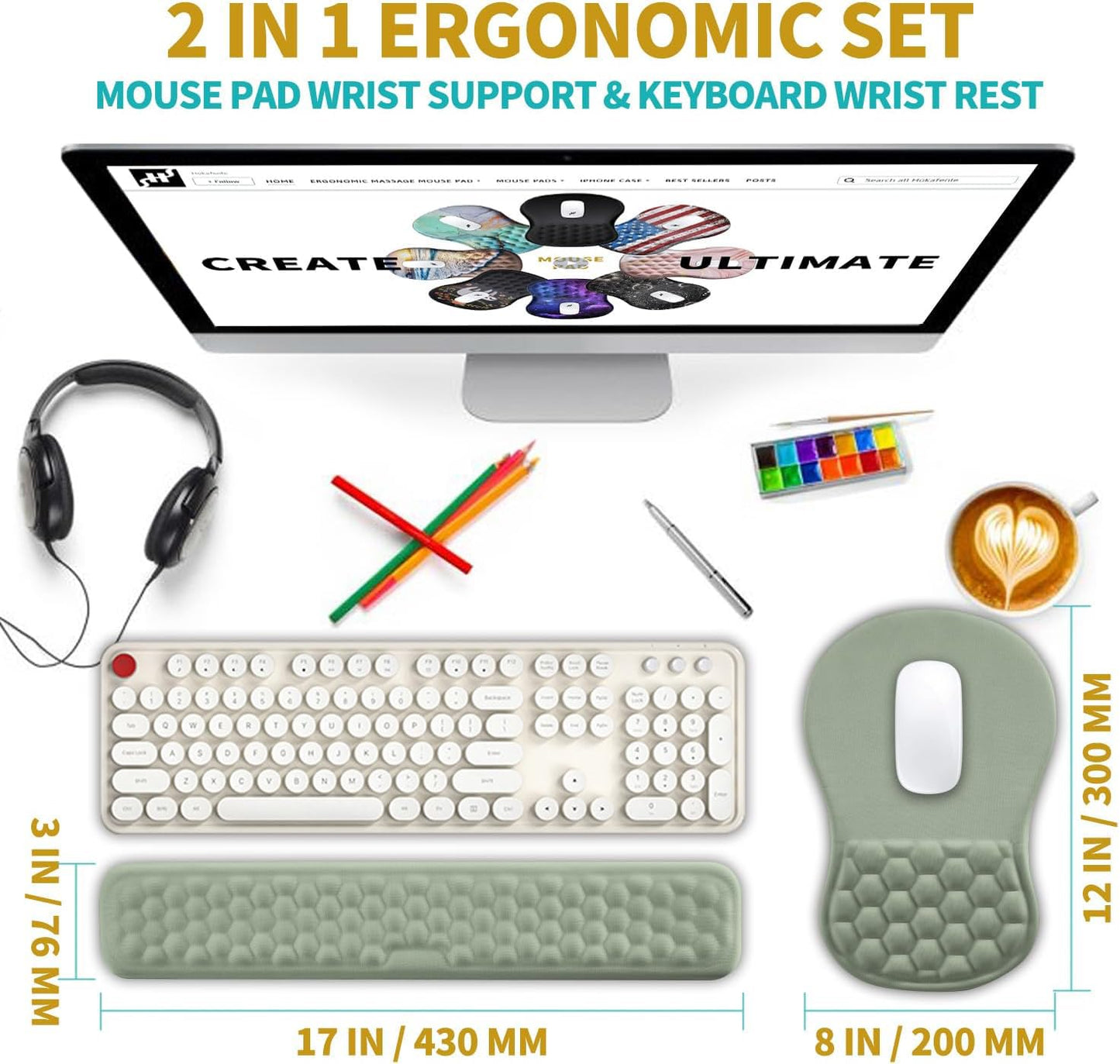 Hokafenle 2 in 1 Ergonomic Mouse Pad Wrist Support & Wrist Rest for Computer Keyboard Set, with Relieve Carpal Tunnel Pain Massage Bulge and Full