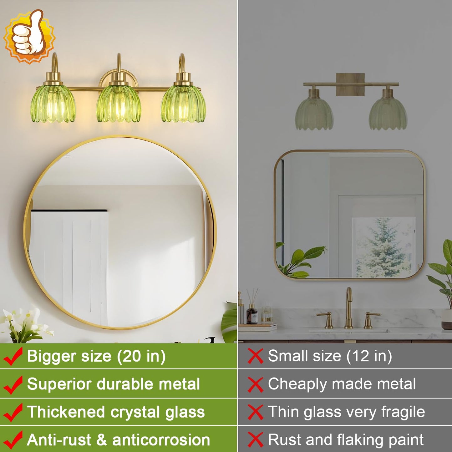 UnicozoHome Bathroom Light Fixtures (3-Light, 20 Inch), Brushed Gold Vanity Lights for Bathroom with Ribbed Green Tulip Glass Shade, Vintage Vanity