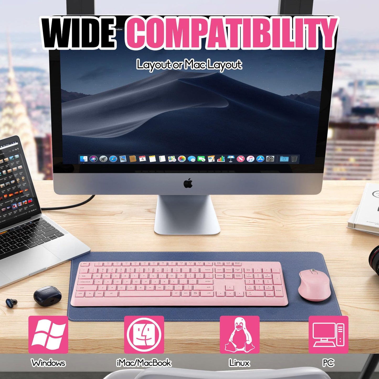 Wireless Silent Keyboard Mouse Combo, Ultra-Slim USB Keyboard Silent Mouse Set, Water-Dropping Keycaps, 12 Shortcuts, 2.4GHz Wireless Connection