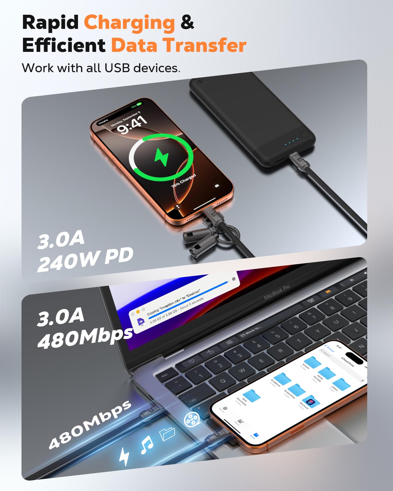 MoKo 2-in-1 Phone Wrist Lanyard USB C Cable, PD240W USB-C to USB-C Type-C Fast Charging Cable, Anti Theft Phone Strap with Metal 360° Tether Tab