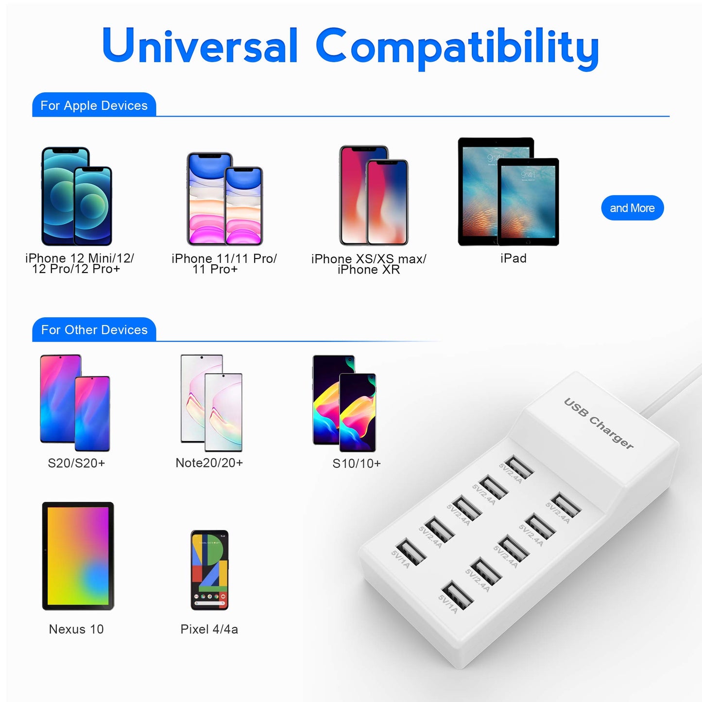 USB Charger USBA Wall Charger with Rapid Charging Auto Detect Technology Safety Guaranteed 10-Port Family-Sized Smart USB-A Ports for Multiple Devices