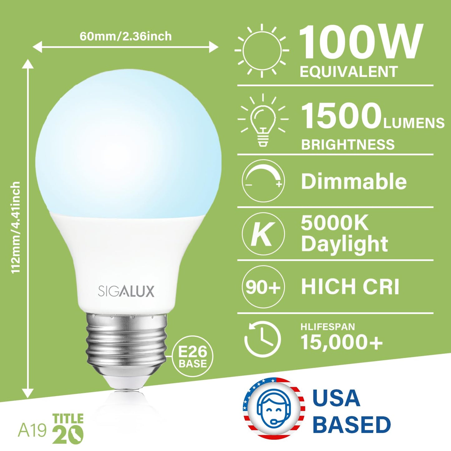 Sigalux Light Bulbs 100 Watt Equivalent,A19 Daylight Standard LED Bulbs Dimmable 5000K White,14W Energy Efficient E26 Medium Base,1500LM,ETL Listed,4