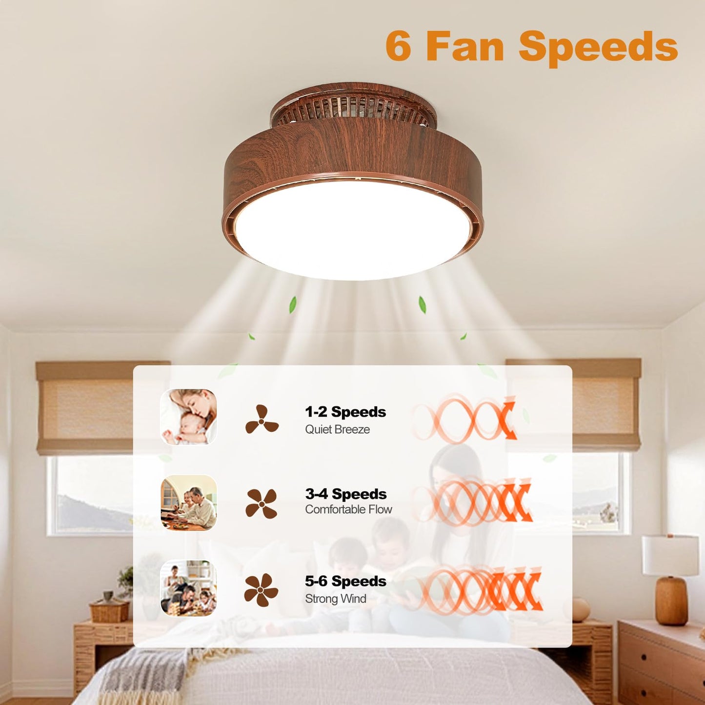 Monikessy Bladeless Ceiling Fan with Lights, 11" Small Flush Mount Fandelier, Modern Farmhouse Enclosed Ceiling Fan Light with Remote, Dimmable LED