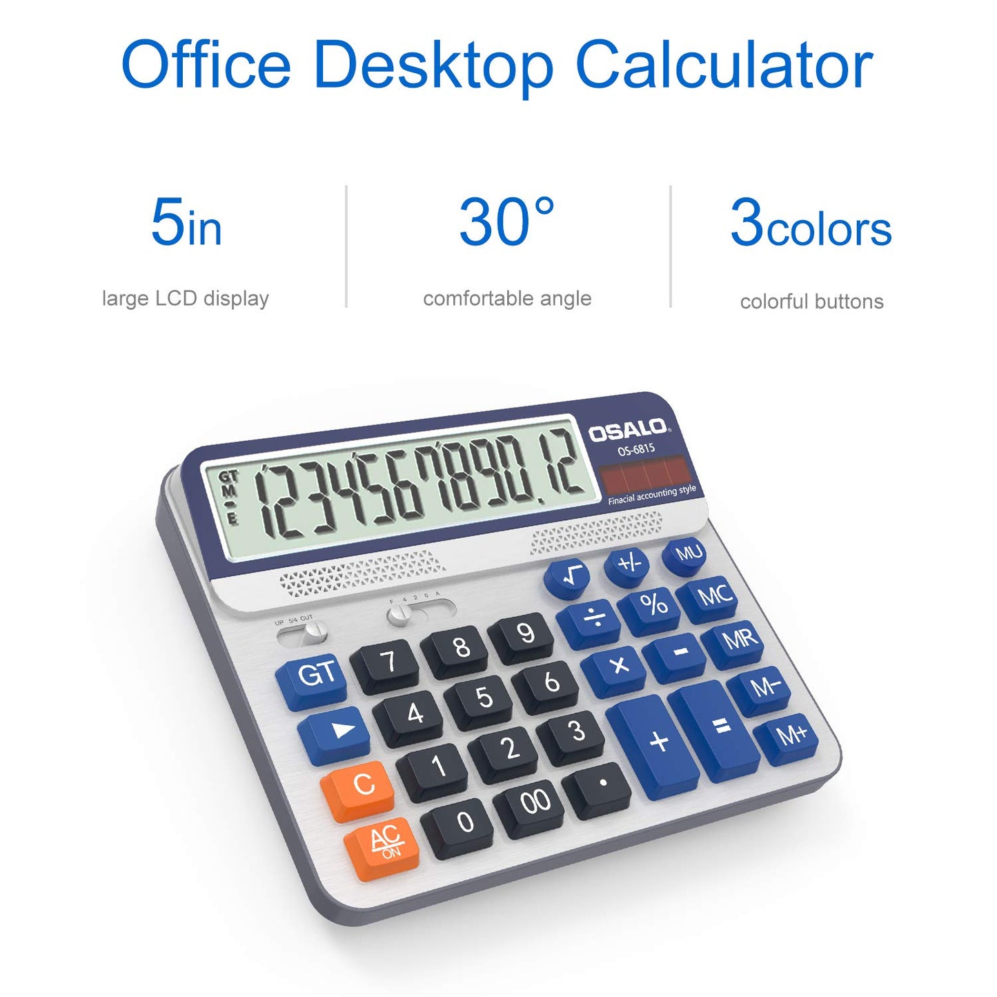 Desktop Calculator Extra Large 5-Inch LCD Display 12-Digit Big Number Accounting Calculator with Giant Response Button, Battery & Solar Powered