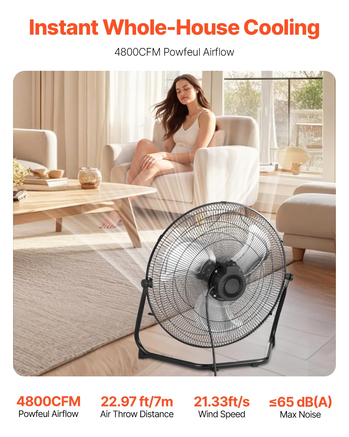 VEVOR Floor Fan, 3 Speeds High Velocity Heavy Duty 20 Inch Industrial Fan, 4800 CFM 360° Adjustable Tilt 21.33 ft/sec Airflow Large Metal Fan,