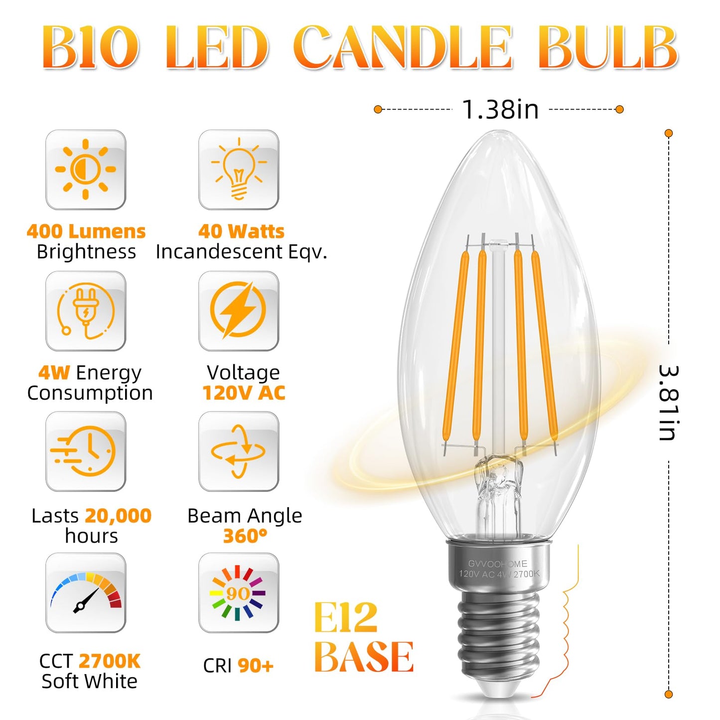 GvvooHome E12 Candelabra Bulb 40 watt Equivalent, E12 LED Bulb Soft White