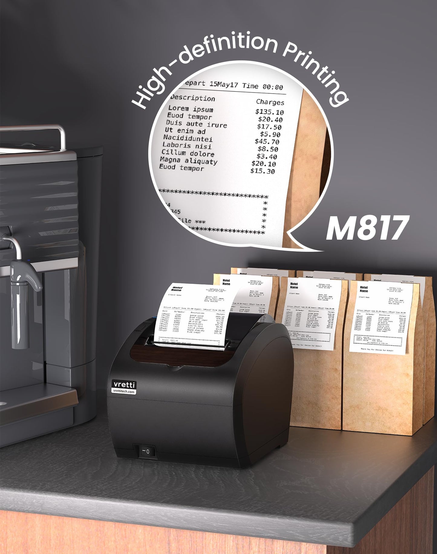 vretti Thermal Receipt Printer, 3'1/8 80mm USB POS Printer, Restaurant Kitchen Printer with Auto Cutter Support Cash Drawer,USB Serial Ethernet