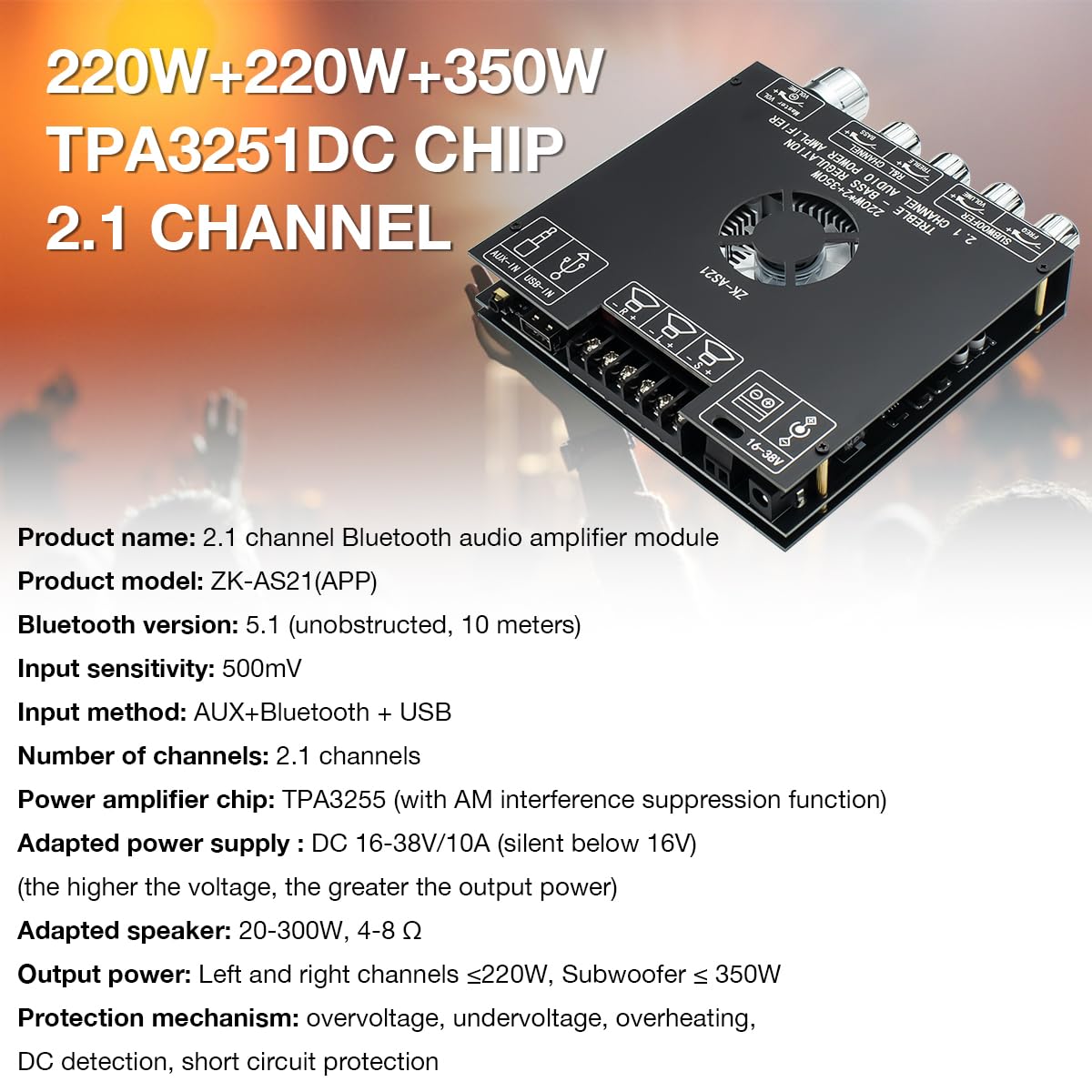 ZK-AS21 TPA3255 Bluetooth 5.1 Power Amplifier Board HiFi 2.1 Channel 220Wx2+350W Digital Audio Receiver AMP Board with Treble and Bass Control for DIY