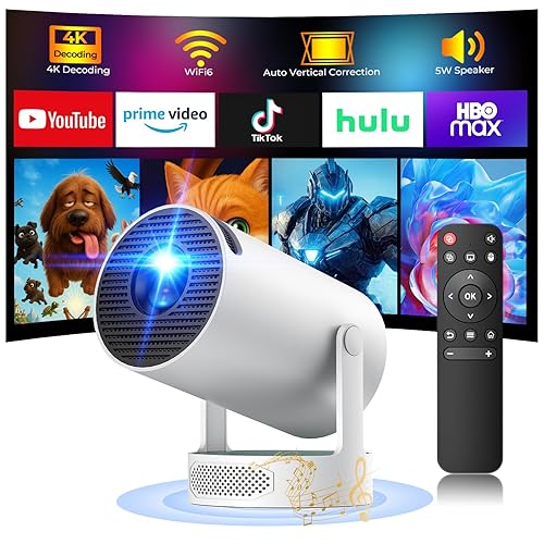 Mini Projector with WiFi and Bluetooth, 4K Projector with 5W Soundbase Speaker, Portable Projector for Bedroom, 300 ANSI Lumens Smart Projector, 270°