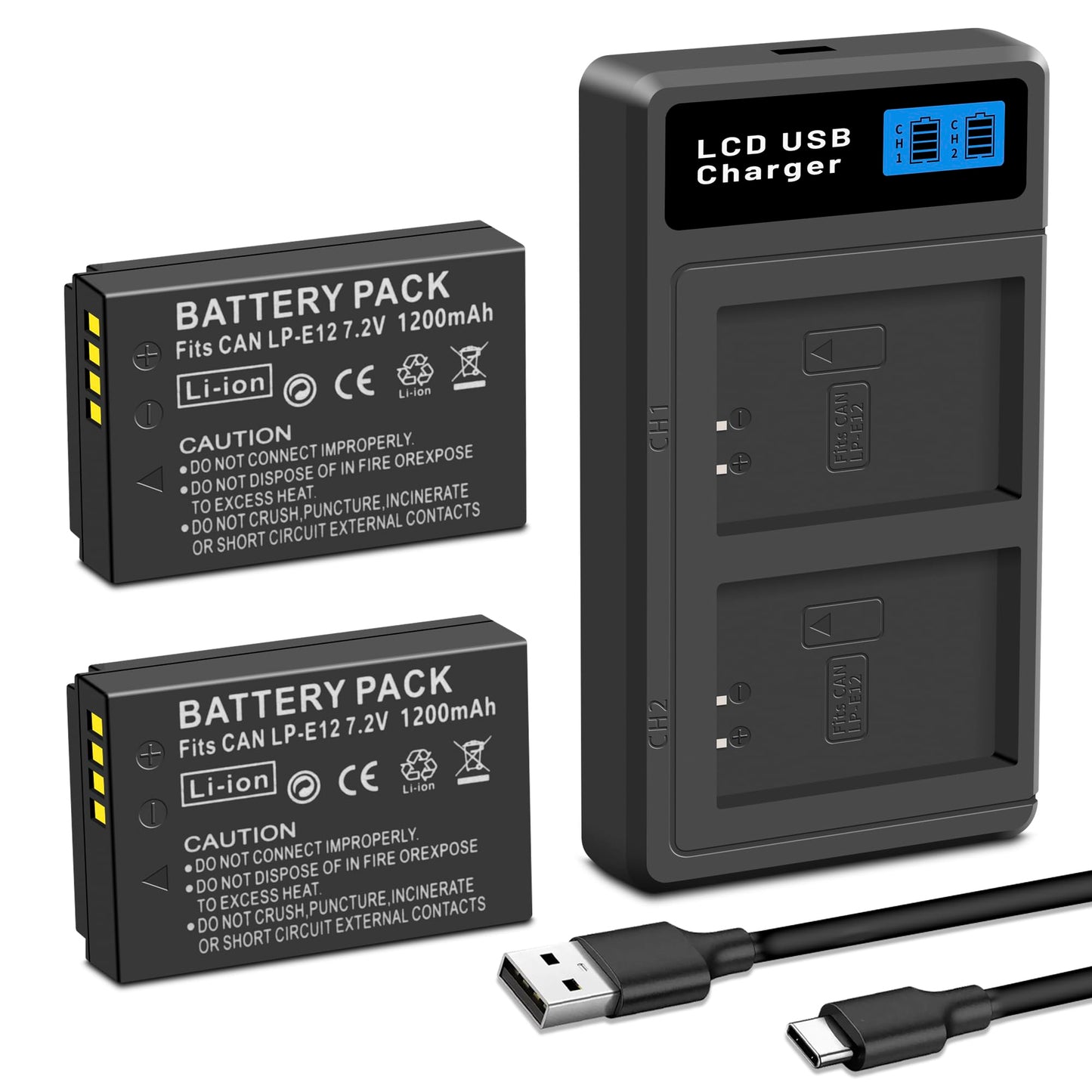 2-Pack LP-E12 Battery and USB Dual Battery Charger Compatible with Canon EOS-M, EOS M2, EOS M10, EOS M50, EOS M50 Mark II, EOS M100, EOS M200, SX70