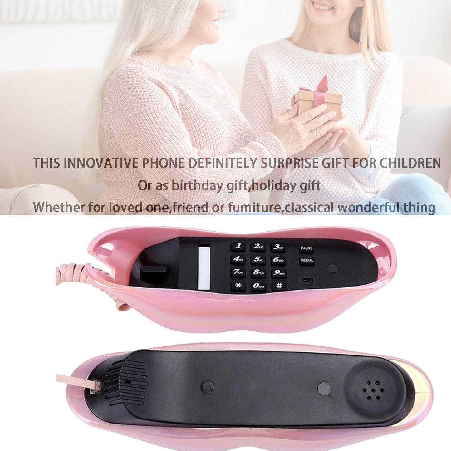 Advanced Home Telephone, Interesting Mouth Lip-Shaped , Funny Pink Lip Plastic Telephone Cable, Wire Phone Home Decoration, A for Friends or Families