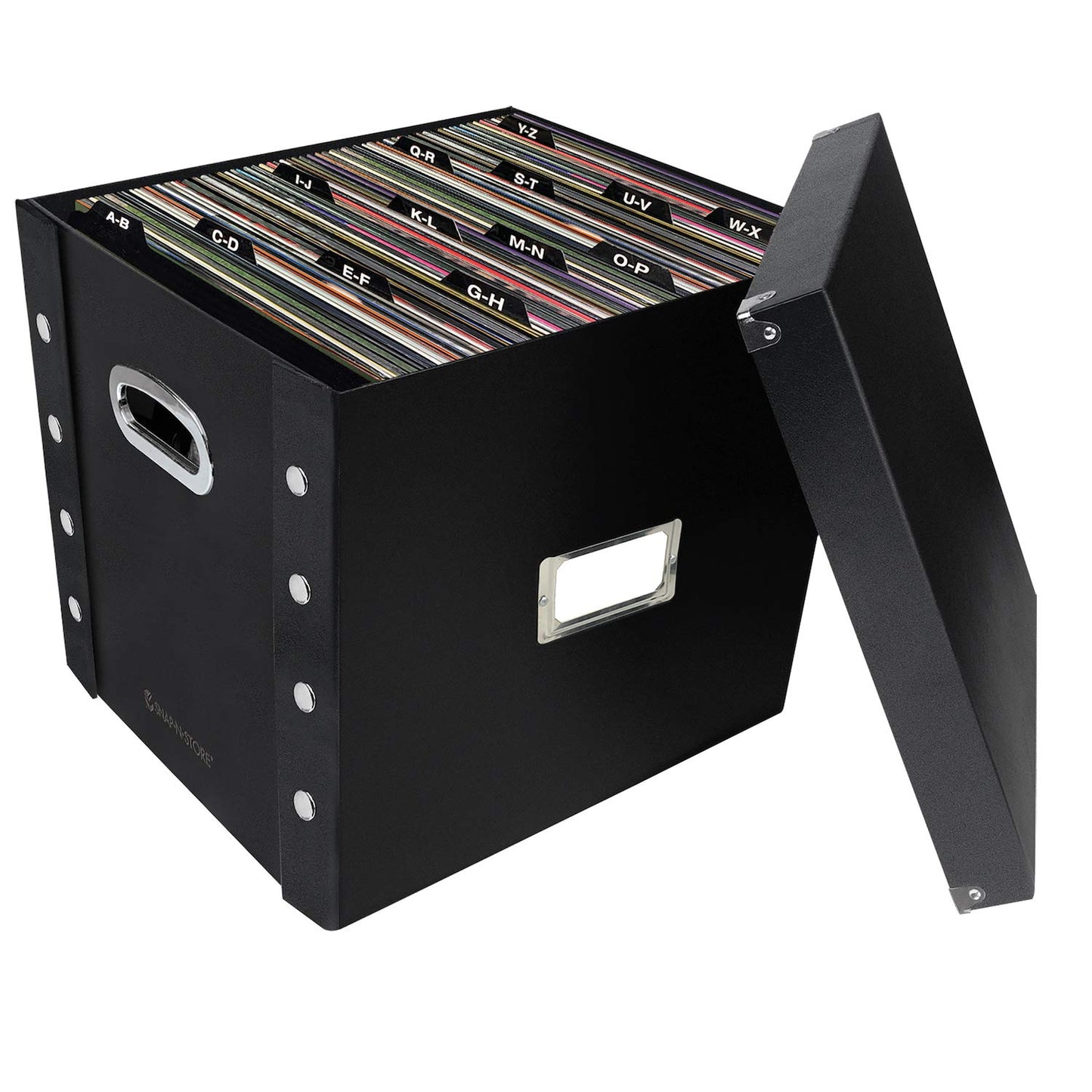 Snap-N-Store Vinyl Record Storage Box - Pack of 1-13.2 x 12.625 x 12.5 Inch LP Holder with Lid & Guides for 12-inch Records - Crate Holds up to 75