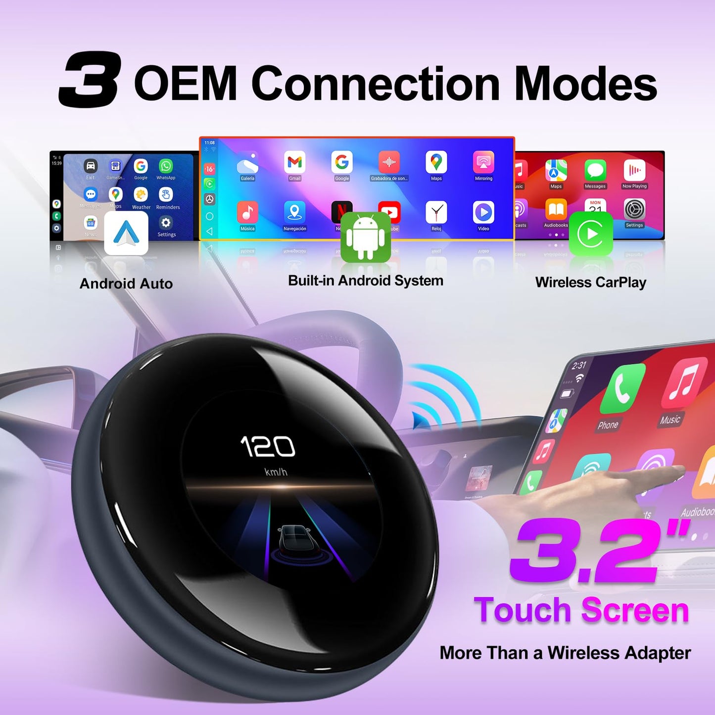 CarPlay Magic AI Box with 3.2” Touchscreen, Supports OEM Wired & Wireless CarPlay, Android 14 Wireless CarPlay & Android Auto for BMW, Mercedes, Audi