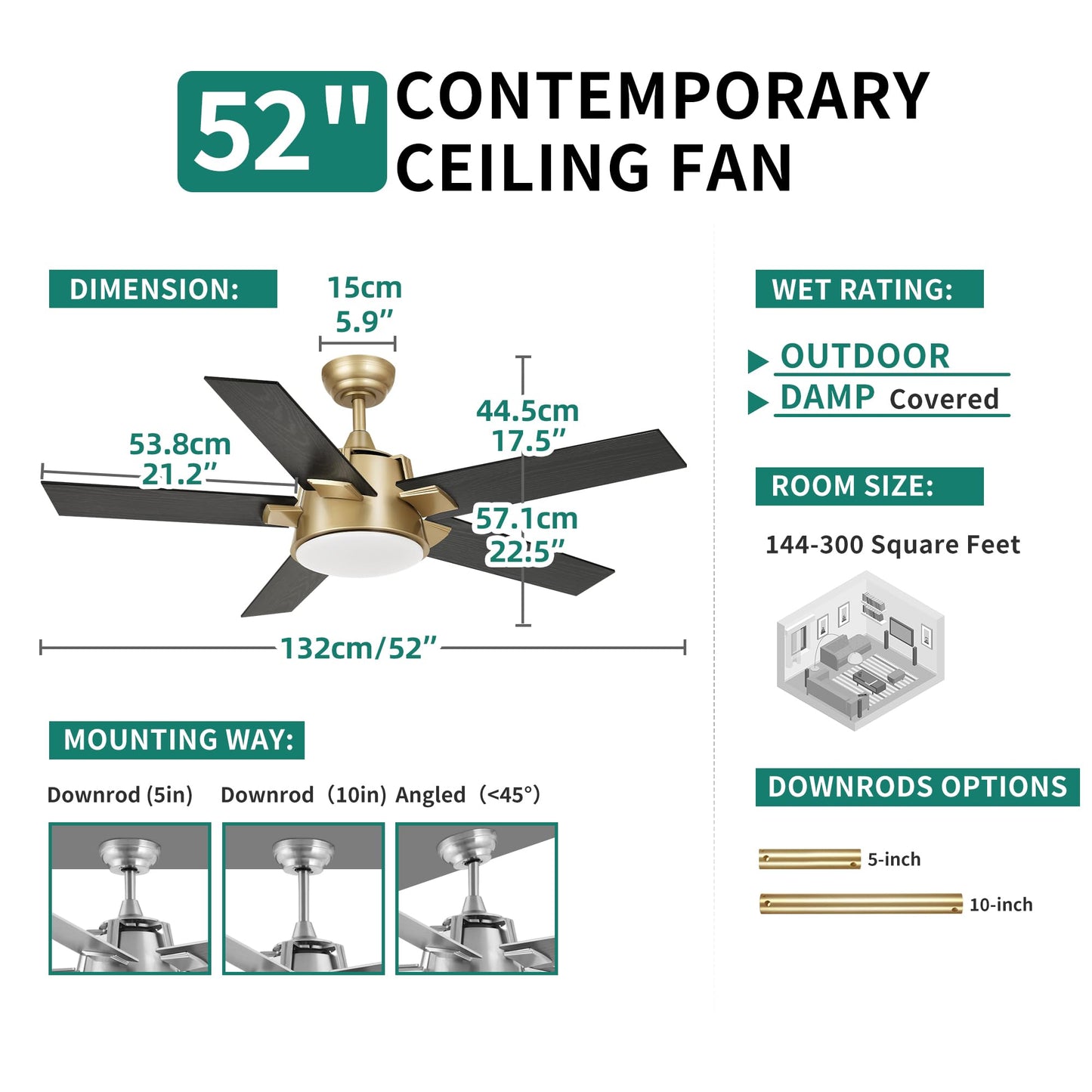YITAHOME Black Gold 52 Inch Ceiling Fan with Light
