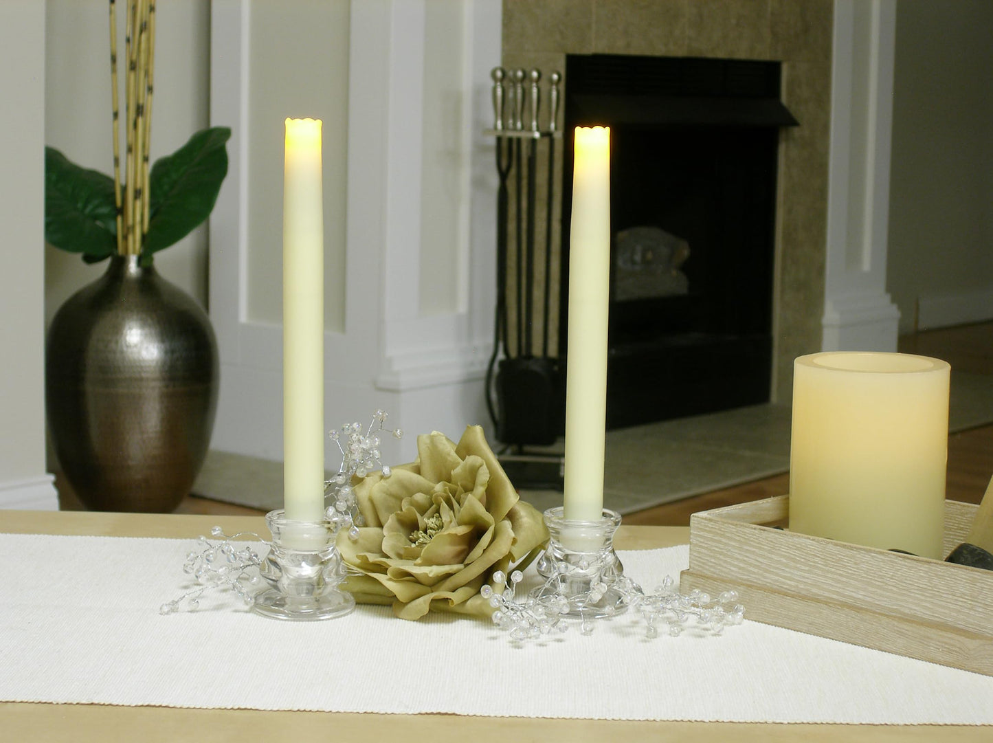 Pacific Accents Flickering Flameless Taper Candle - 9 Inches Ivory Real Wax Taper Candles with 6 Hour Timer - Battery Operated Candles with Electric