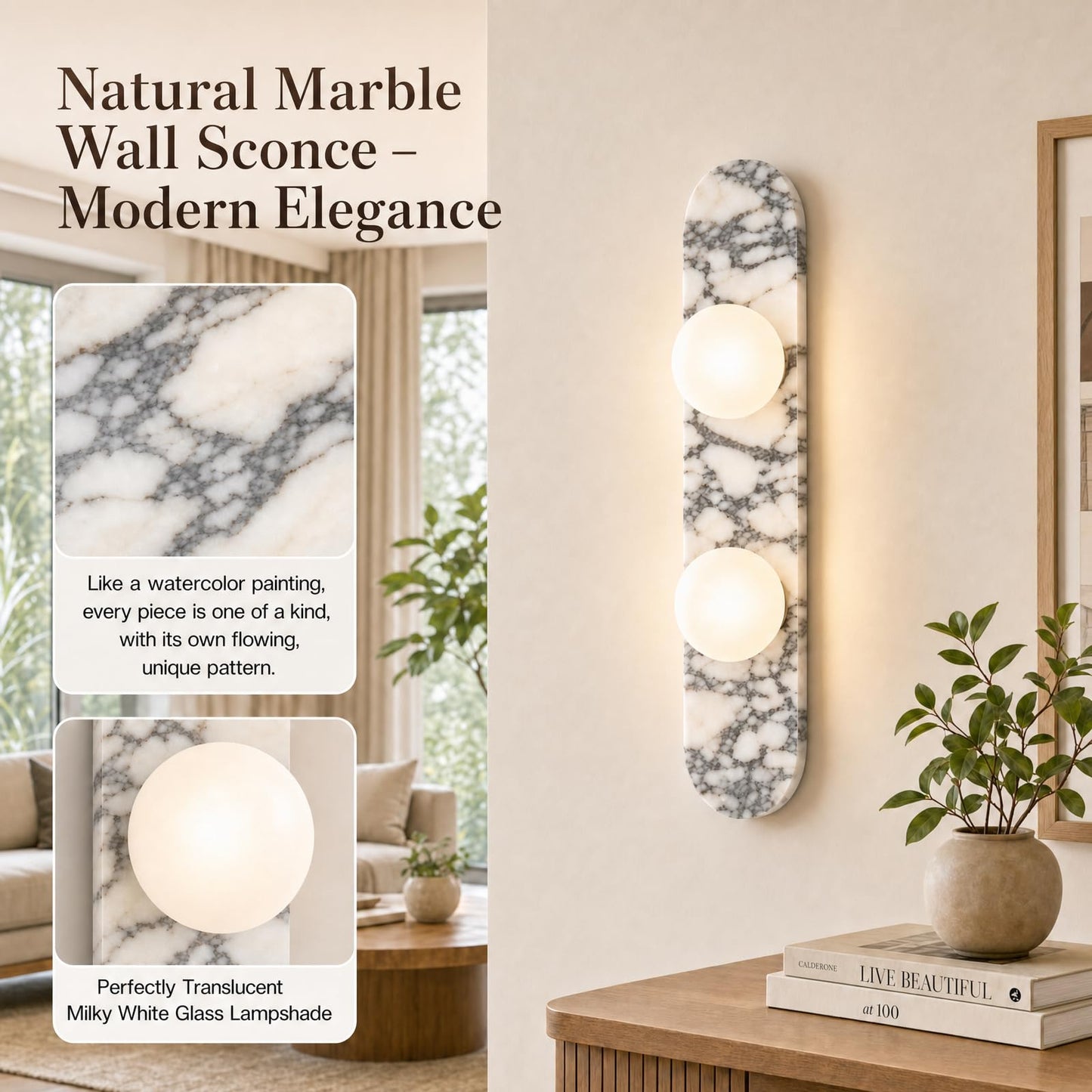 SAMAH Natural Marble Wall Sconce, Alabaster Hardwired Wall Light, Elegant Nordic-Style Wall Mount Fixture for Bedroom, Bathroom Vanity, Living Room