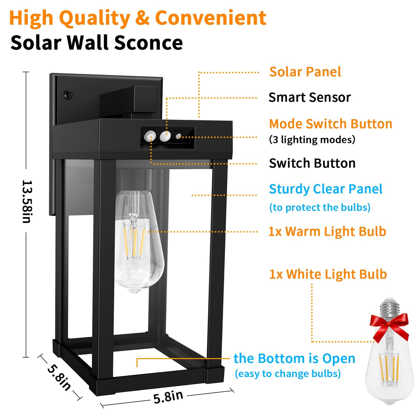 Solar Wall Lights Outdoor with 3 Lighting Modes & Motion Sensor, Solar Porch Light with 2 Bulbs, Waterproof Outdoor Wall Sconce Lantern Lamp Fixture