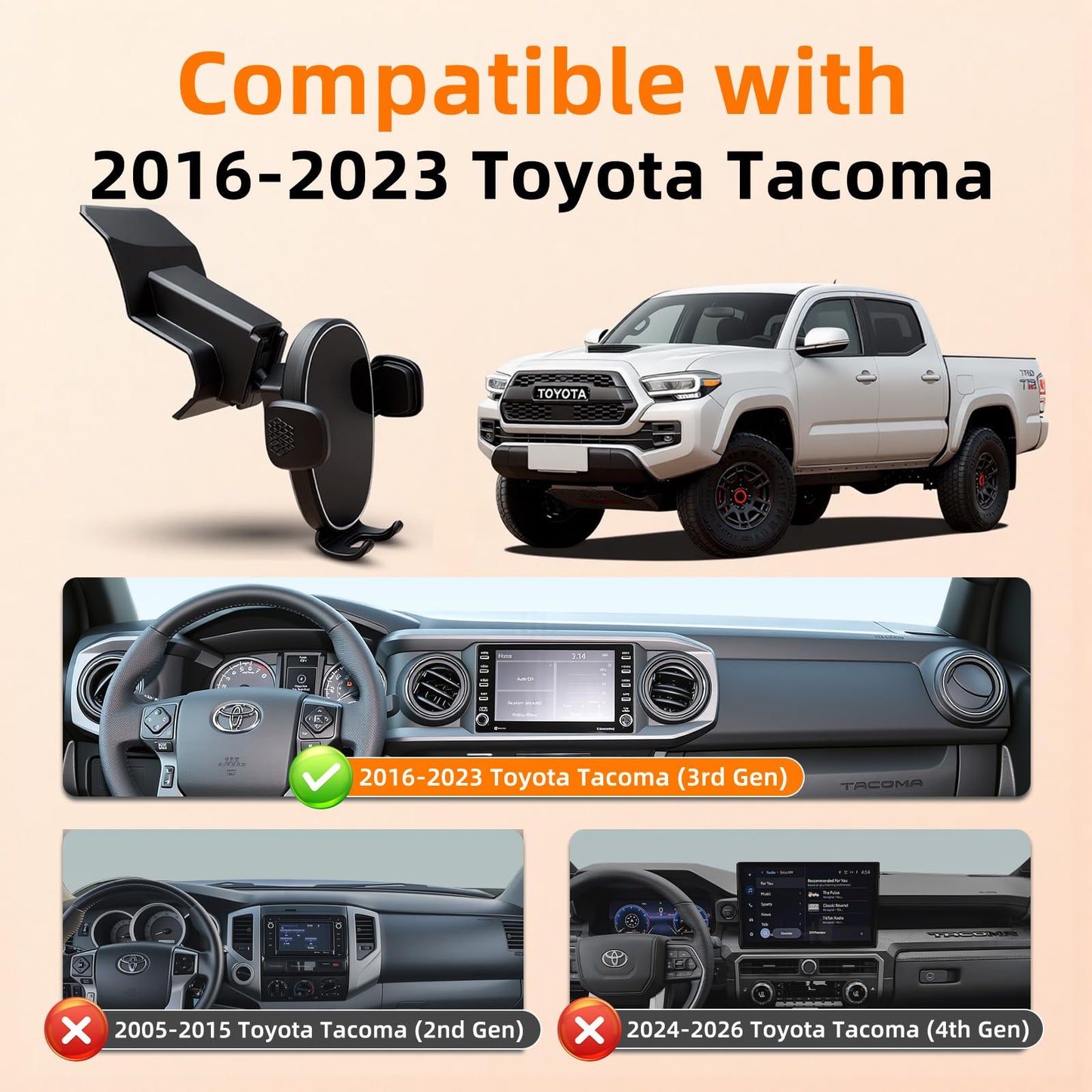 Phone Mount for Toyota Tacoma (2016-2023, 3rd Gen), 360° Adjustable Dashboard Phone Holder, Hands Free Car Smartphone Mount for iPhone, Google