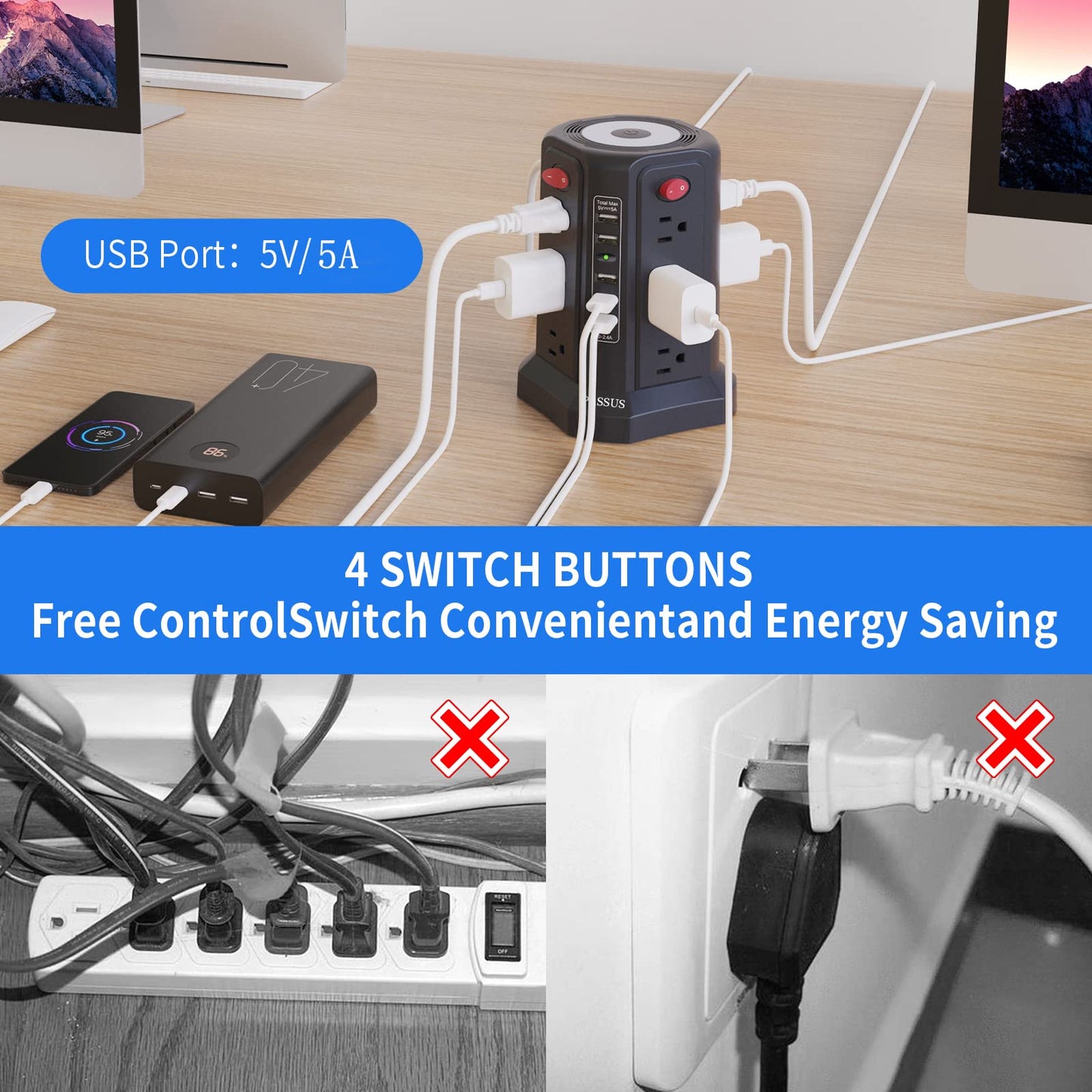 Surge Protector Power Strip Tower with 5 USB Ports and Night Light, 10FT Extension Cord with 12 AC Multiple Outlets, PASSUS Power Tower, Overload
