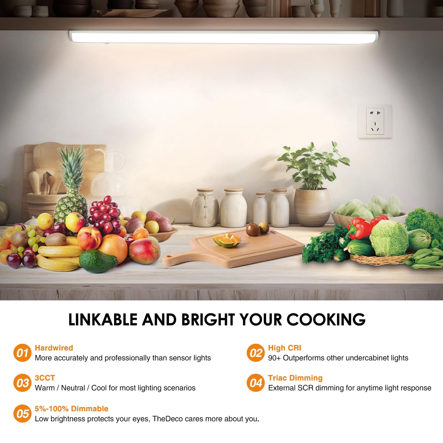 TheDeco 36 Inch LED Under Cabinet Lighting, Hardwired & Plug in, Linkable, Dimmable, 3CCT Selectable Kitchen Cabinet Light, CRI93