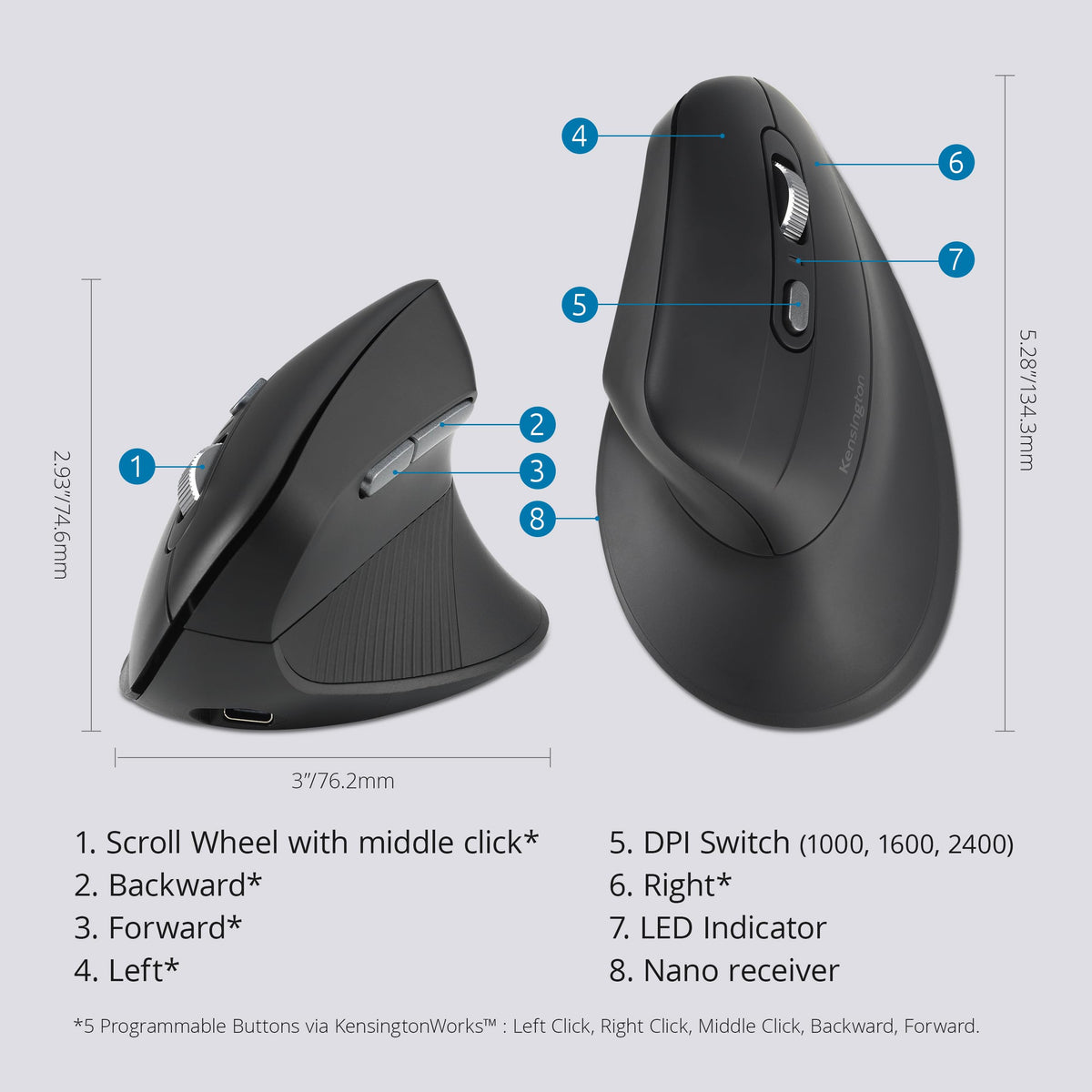 Kensington MY630 EQ Wireless Rechargeable Mouse, Ergonomic Vertical Design, Bluetooth LE, 2.4GHz, Black (K72484NA)