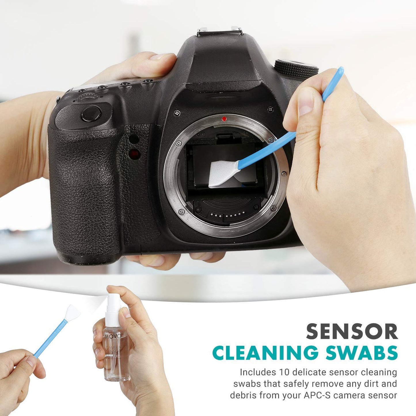 Movo Deluxe Essentials DSLR Camera Cleaning Kit with 10 APS-C Cleaning Swabs, Sensor Cleaning Fluid, Rocket Air Blower, Lens Pen, Soft Brush, 2X Small