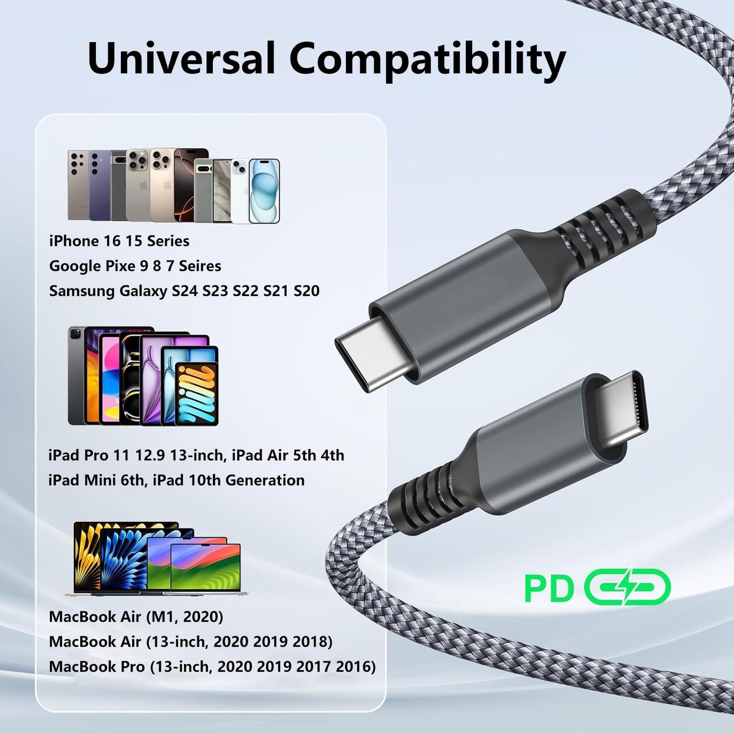 Pocxwa USB-C to USB-C Charger Cable, 5Ft USB 2.0 Braided Fast Charging Cord Compatible with Samsung Galaxy S25 Ultra S24 Plus S23 S22 S21 S20, LG
