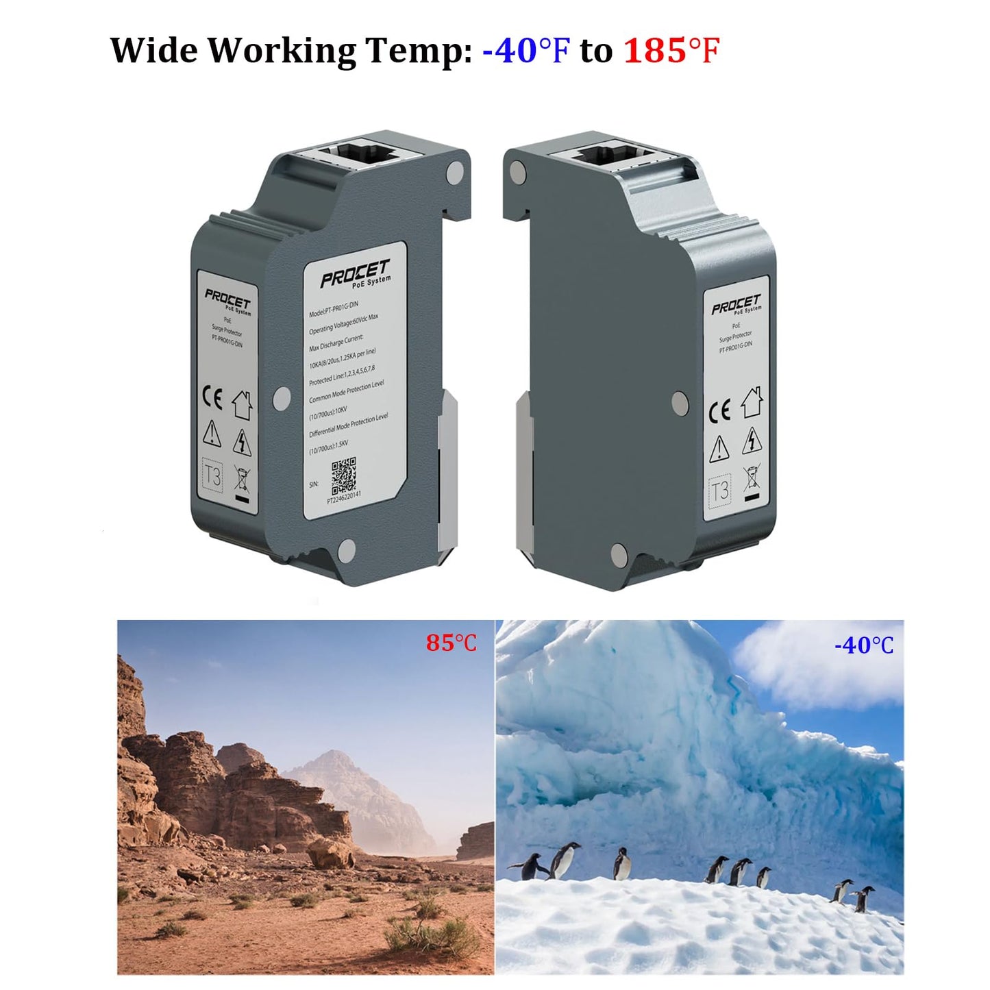 PROCET 10KV DIN Rail PoE Surge Protector IEEE802.3bt/PoE++ Up to 120W Gigabit PoE 10KV Lightning Suppressor, -40? to 185?, Industrial Zinc Alloy, Gas
