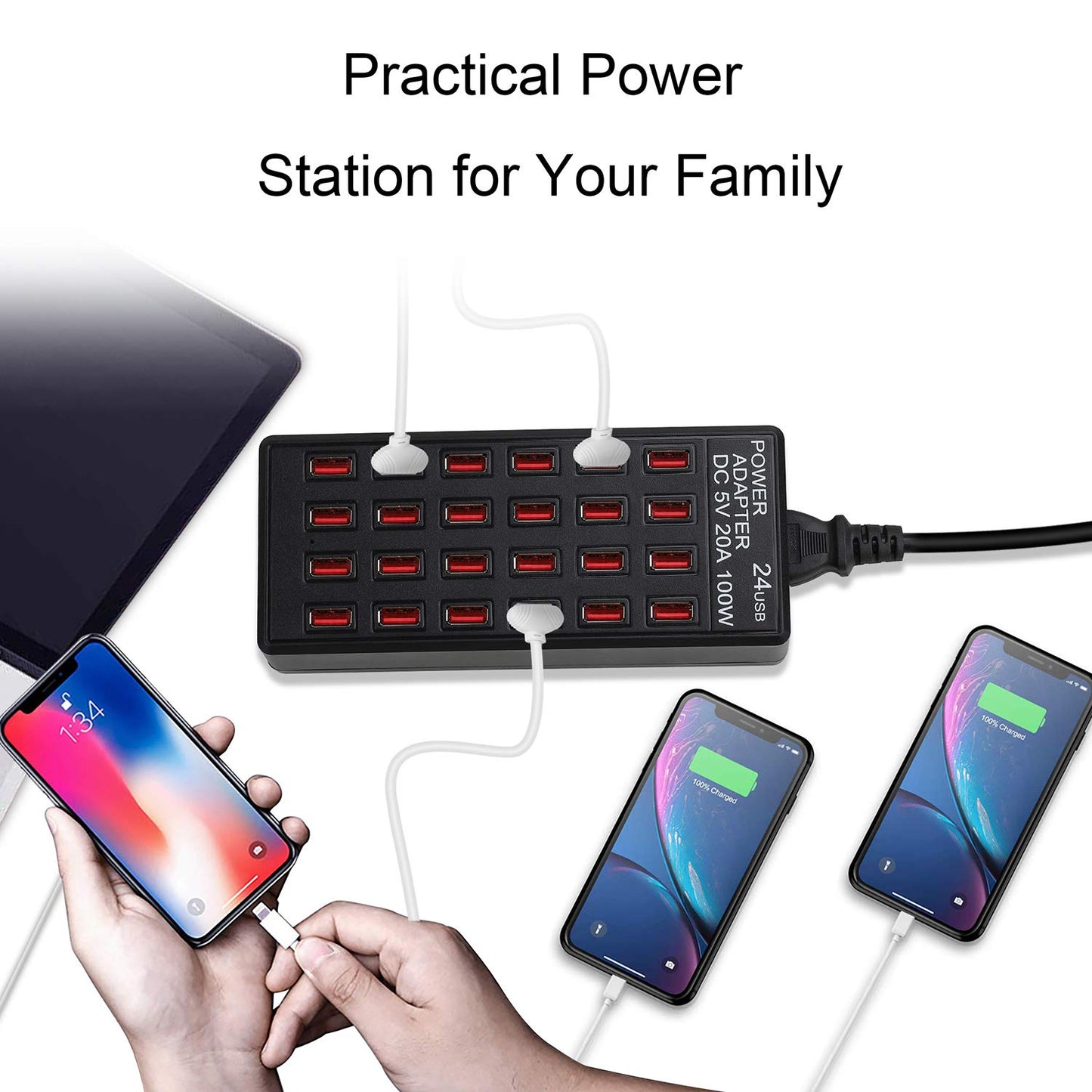 24-Port 100 watt (20 A) USB Charging Station, Home Desktop Fast Charger, Multiple Chargers, Suitable for Hotels, Shops, Schools, Shopping malls