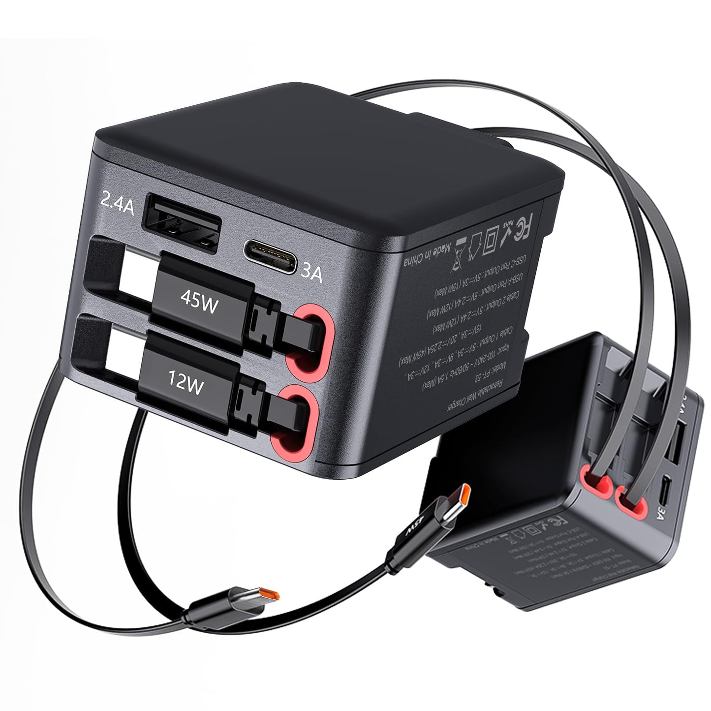84W Retractable Wall Charger with Dual USB C Cables, 4-in-1 USB C Charger Block GaN PD 45W Fast Charging Station for iPhone 16/15, iPad, Samsung