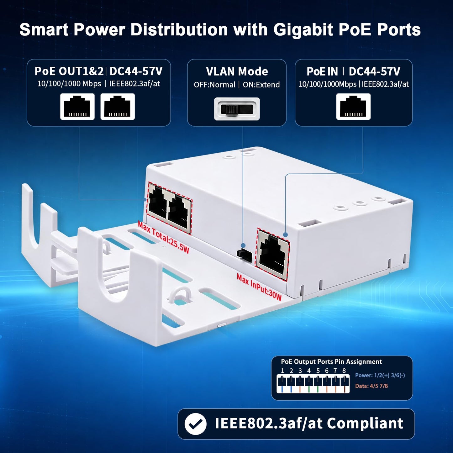 Gigabit PoE Extender Outdoor, PoE Passthrough Switch Split 1 PoE into 2