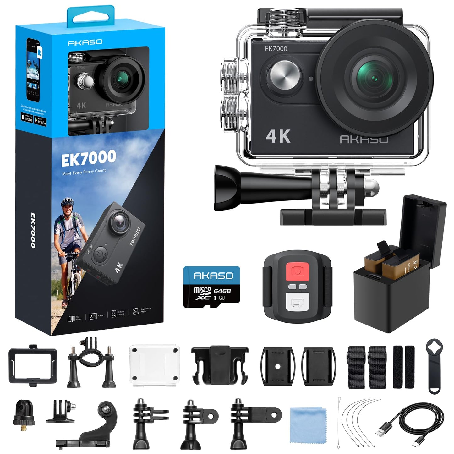 AKASO EK7000 4K30fps Action Camera with 64GB MicroSDXC U3 Memory Card Accessories Kit Bundle Ultra HD 131FT Waterproof Underwater Camera EIS WiFi