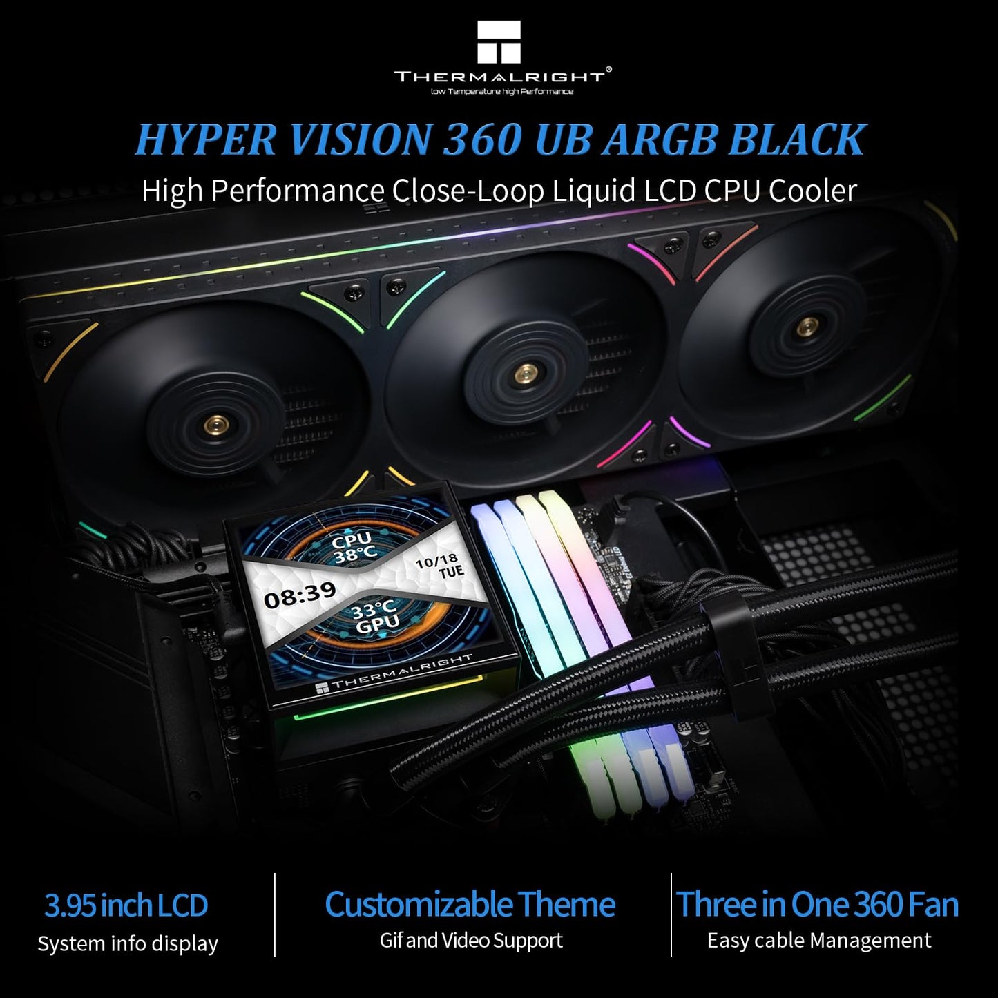 Thermalright Hyper Vision 360 UB ARGB Black CPU Water Cooler,360mm Aio,IPS LCD Screen with 480x480 Resolution,Magnetic Panel Screen,Liquid CPU Cooler