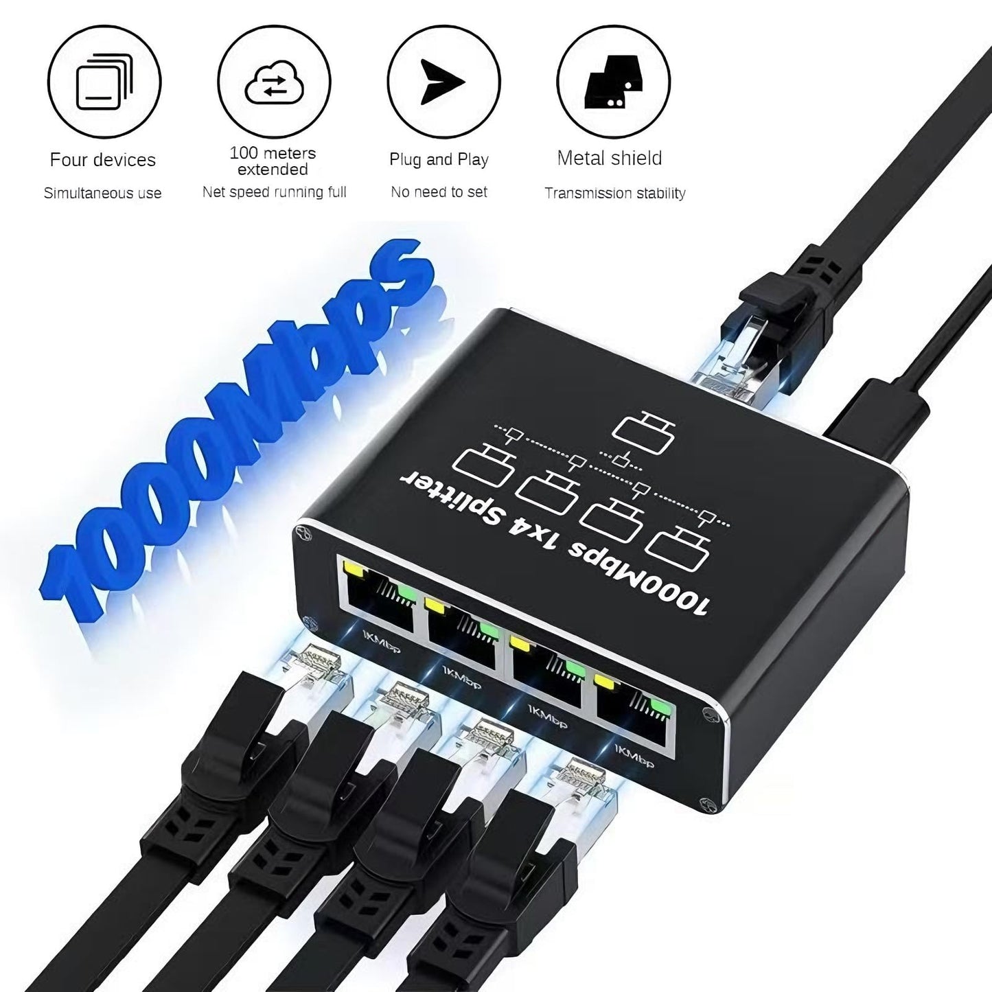 Gigabit Ethernet Splitter 1 to 4, 1000Mbps Network Cable Splitter RJ45 1 in 4 Out, 4-Port LAN Adapter for Router, PC, Smart TV, Camera, Plug and Play