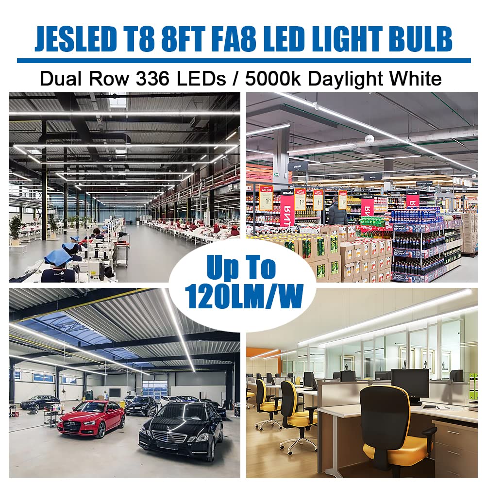 JESLED T8 T10 T12 8FT LED Bulbs, 50W (130W Equiv.), 6000LM 5000K Daylight