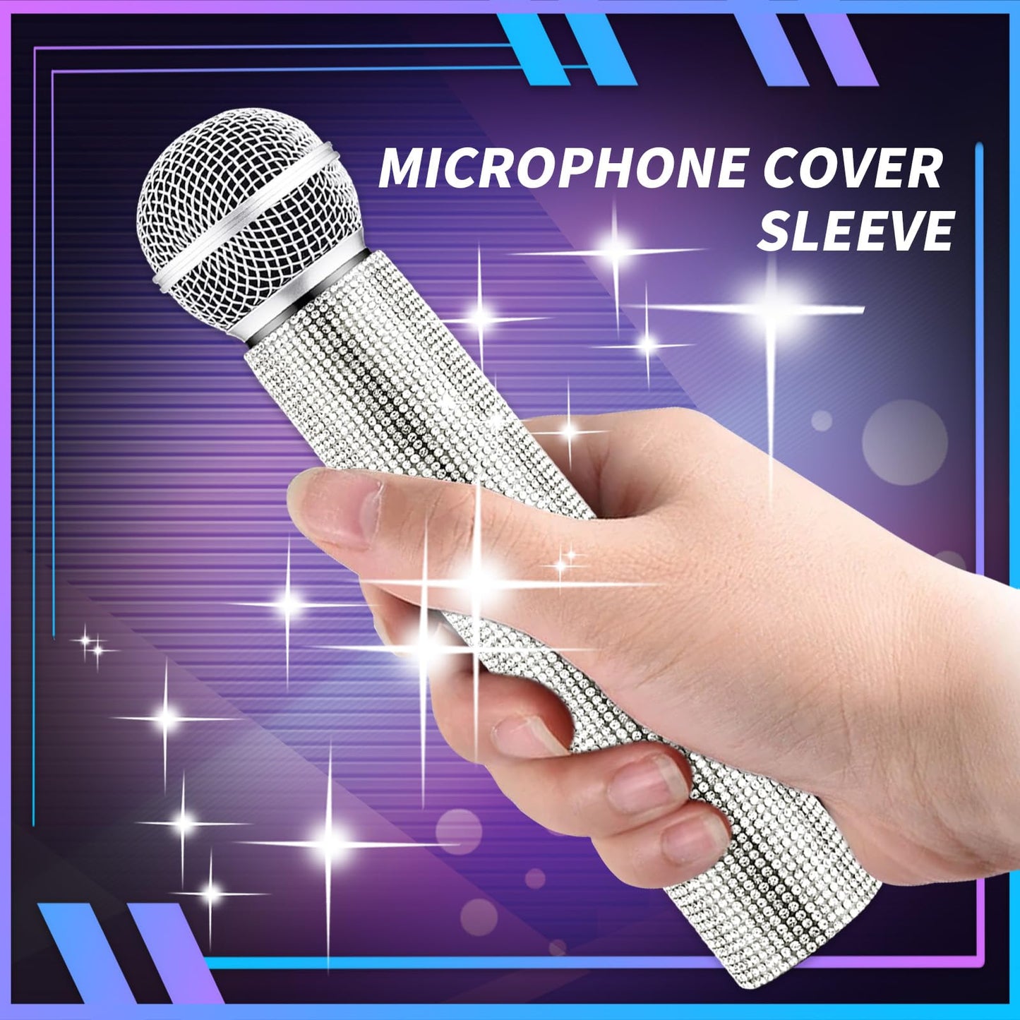 Silver Microphone Decorative Sleeve (Mic Not Included), Glitter Wireless Microphone Cover, Sparkling Bling Rhinestones Mic Handle Sleeve Protector for