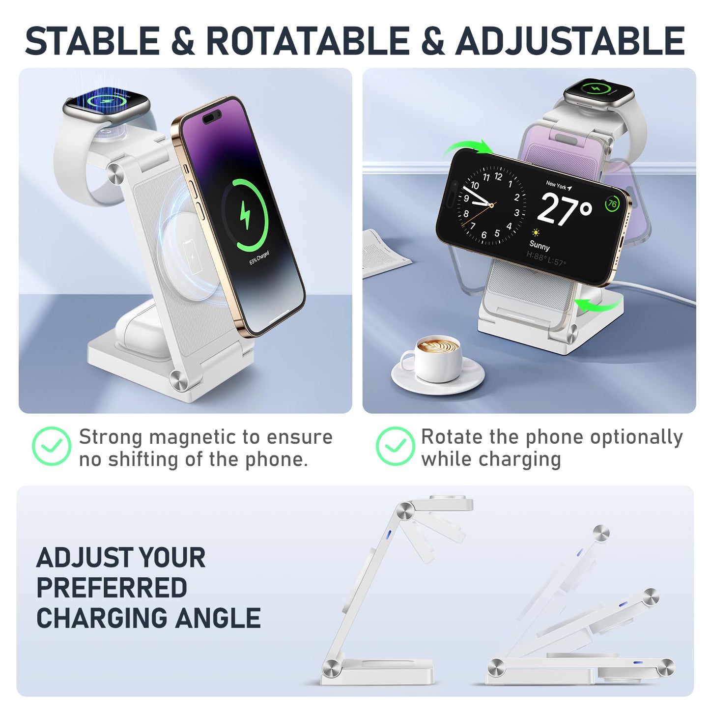 Magnetic Wireless Charger Stand, 3 in 1 Foldable Wireless Charging Station with 20W Adapter, Travel Charger for Multiple Devices for iPhone 16 15 14