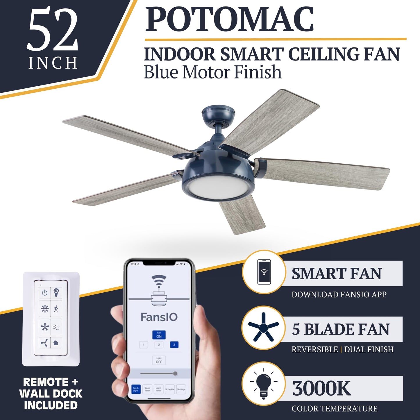 Prominence Home Potomac, 52 Inch Industrial Style Smart Ceiling Fan with Light, Remote Control, Dual Finish Blades, Compatible with Alexa and Google