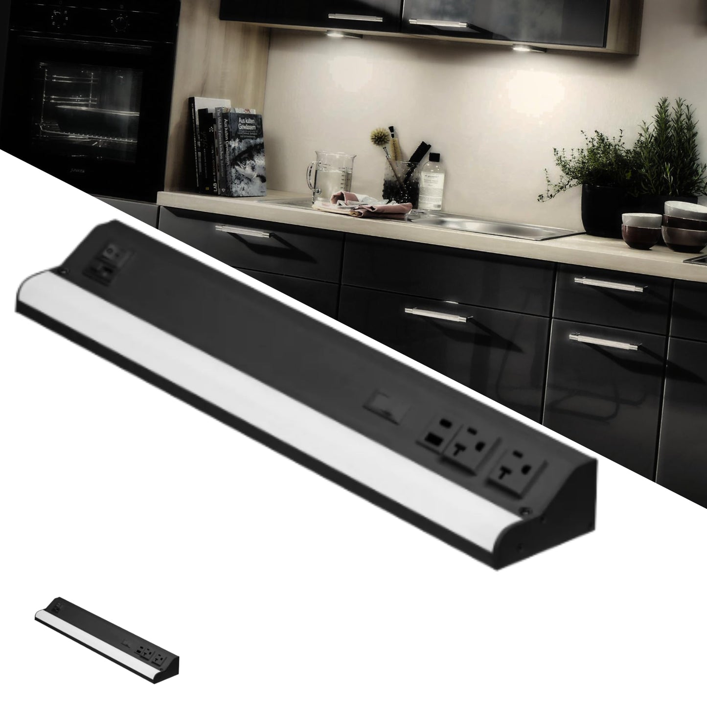 American Lighting LED Courant Plus Undercabinet Light 18 Inch 5CCT Color Selectable 90+ CRI 1000 Lumens with USB-A USB-C and 20A Receptacles Black