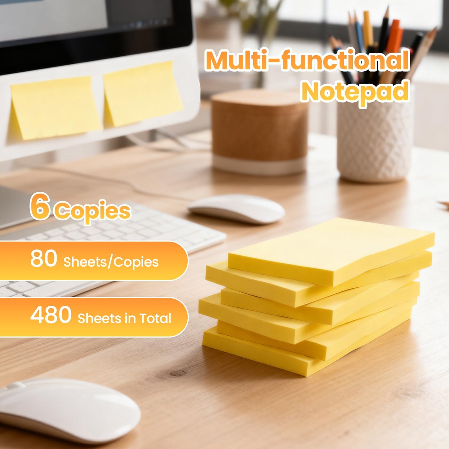 480 Sheets 3 in x 5 in Large Sticky Notes, 76 x 127 mm 6 Pads Classic Yellow Self-Stick Pads for Notebook,Office,School and Home,80 Sheets/Pad (6 Pads
