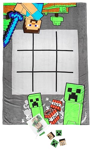 Minecraft Tic Tac Toe Game Blanket - 3 Piece Set Includes Plush Blanket, 10 Pieces, & Storage Bag (Official Minecraft Product)