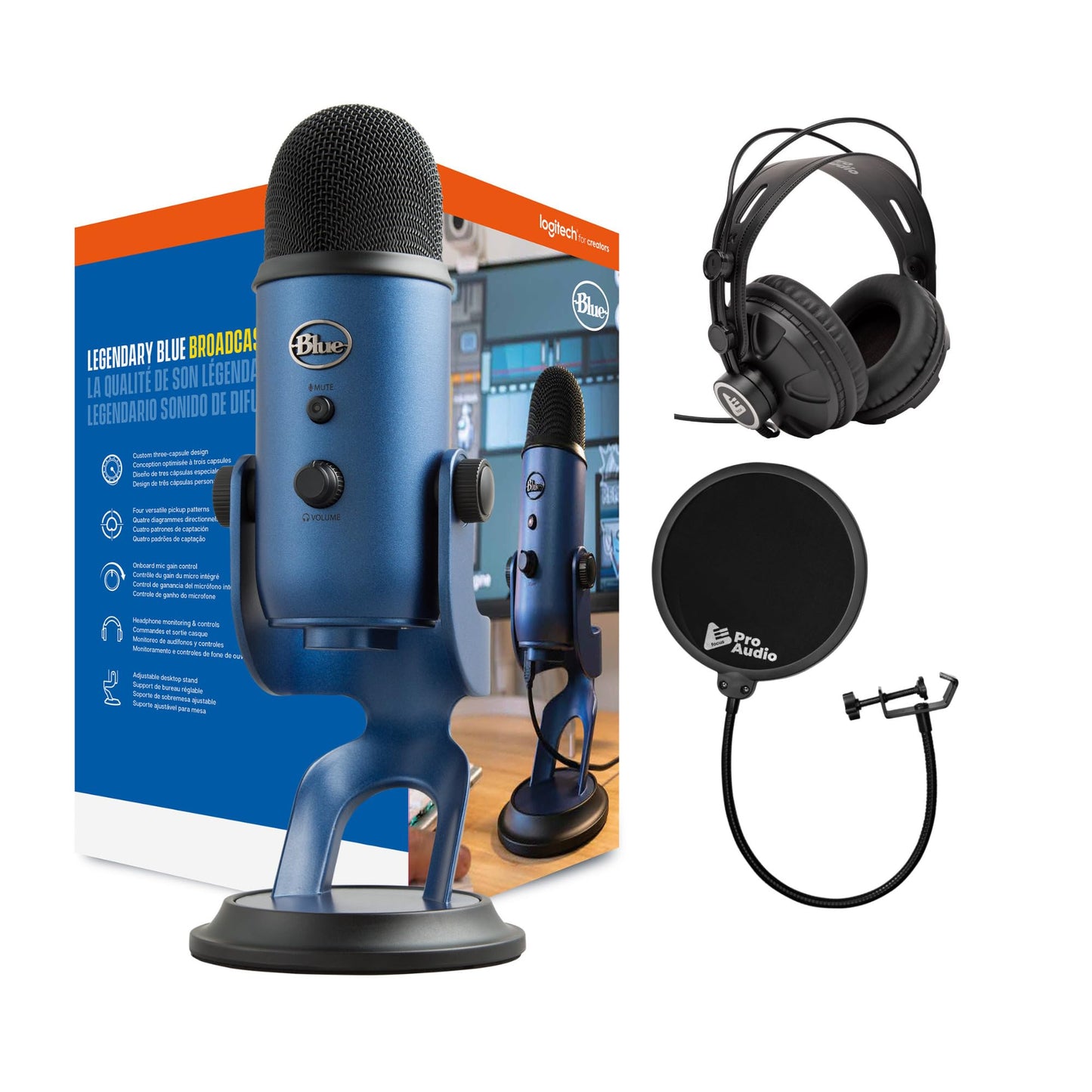 Knox Gear Blue Microphones Yeti USB Microphone (Midnight Blue) Bundle with Closed-Back Studio Monitor Headphones and Pop Filter for Broadcasting and