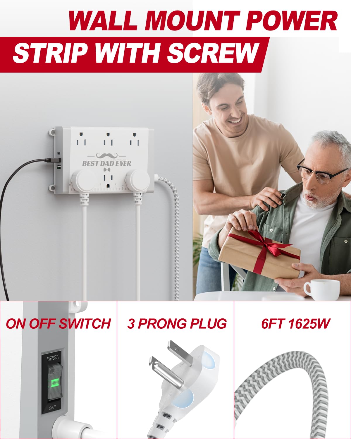 Wall Mount Power Strip with Surge Protector - 6 Outlets 3 USB (USB-C 15W), 6ft Braided Cord, On/Off Switch, Workshop & Garage Essentials - Gifts Dad