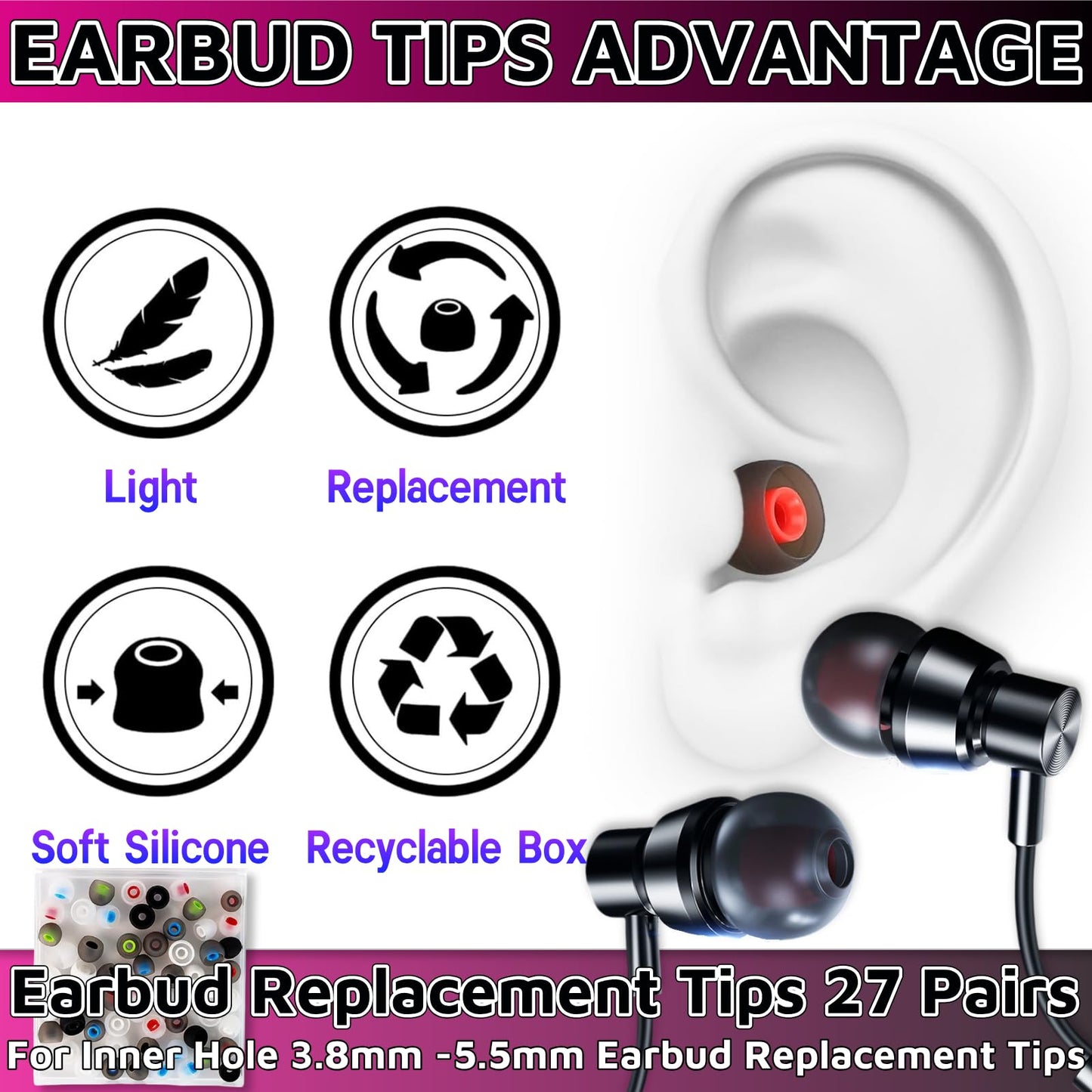 HUGJEPTTY Earbud Replacement Tips 54Pcs S+M+L?Ear Bud Rubber Tips Silicone Earbud Tips Earbud Covers Silicone Tips Headphone Covers for Ears Headphone