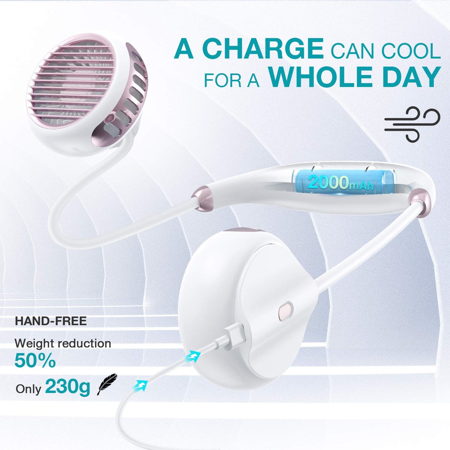 VILICK Portable Neck Fan, Personal Bladeless Small Fan, Rechargeable 360° Cooling Fan, Wearable Hands Free USB Fan Quiet 3 Speed Adjustable for Travel