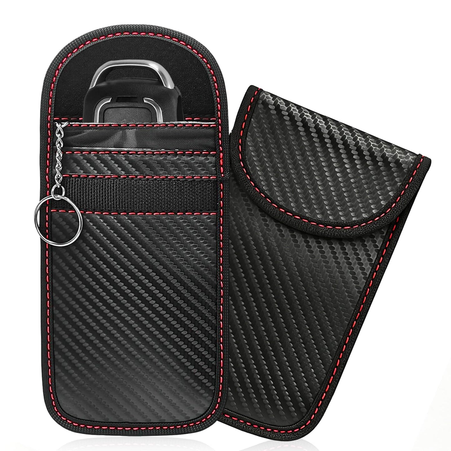 Xiqaler 2 PCS Faraday Key Fob Protector, Anti-Theft Smart Key Fob Protective Bag with Metal Hook, Carbon Fiber Signal Blocking Pouch Keychain