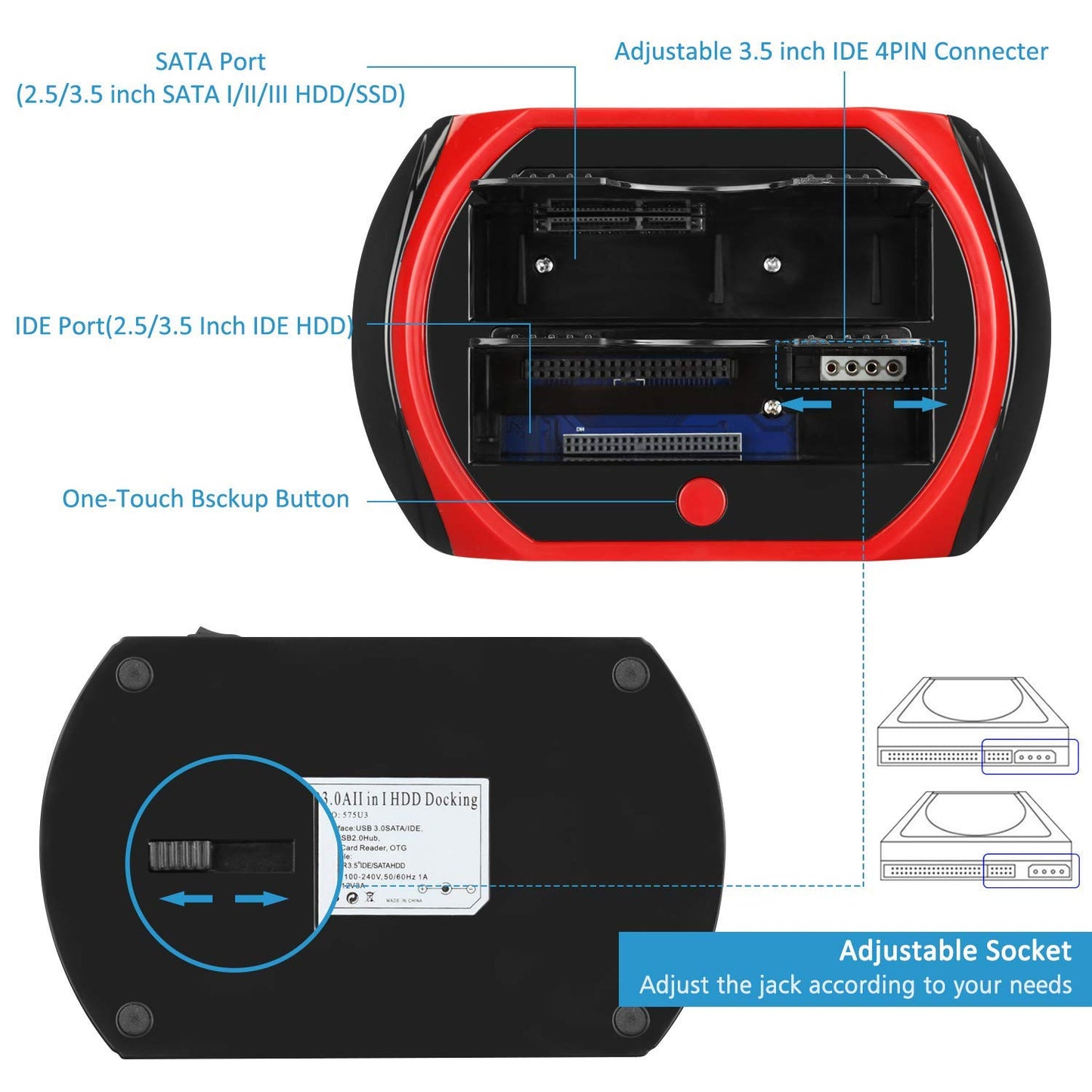 Tccmebius USB 2.0 Hard Drive Docking Station, TCC-S867-US USB 2.0 to 2.5 3.5 Inch SATA IDE Dual Slots Reader External Enclosure, for 2.5" 3.5" IDE