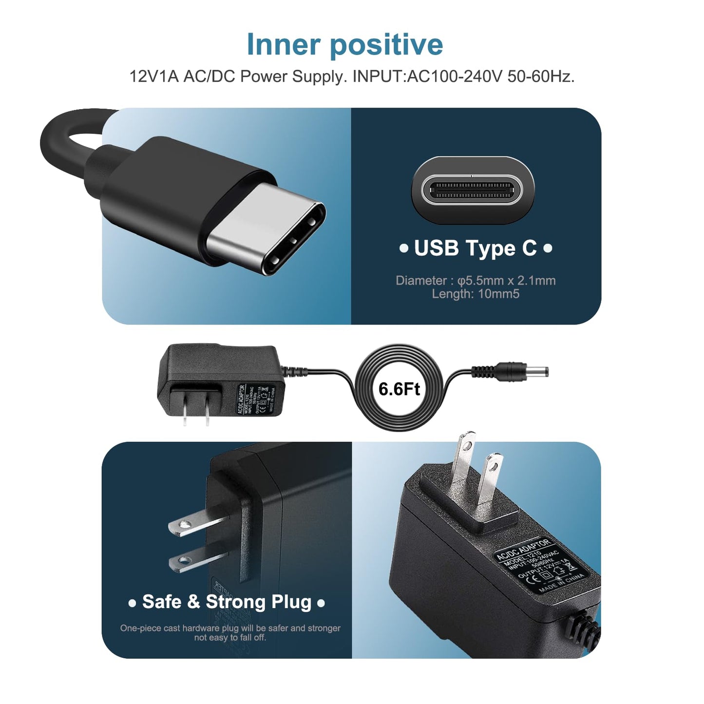 12V AC/DC Adapter USB-C Power Cord Compatible for AVAPOW A58 A68 A28 A08 A18 4000A 6000A 2000A 3000A Car Jump Starter Power Supply
