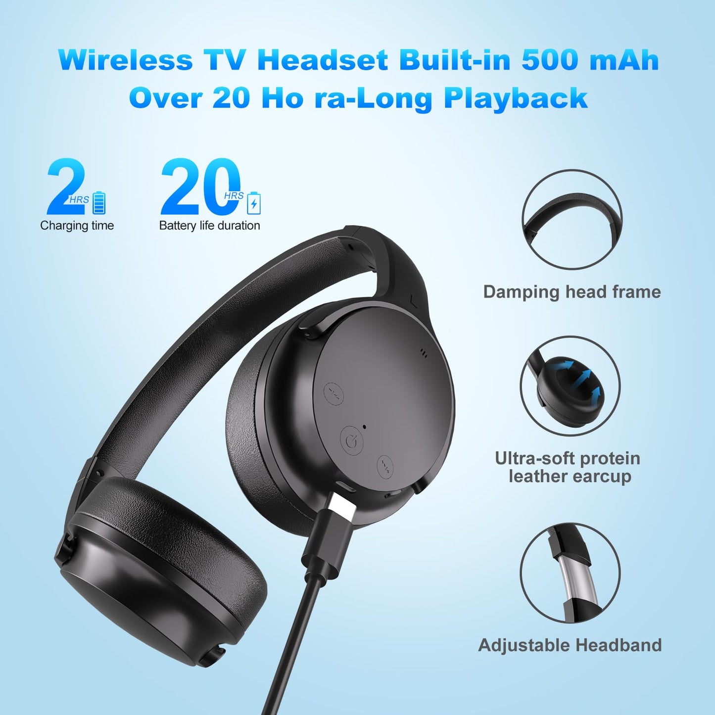 Skyaudio Wireless Headphones for TV Watching, Over Ear TV Headphones Wireless with USB Transmitter, Plug & Play, No Audio Delay, 20+ Hours, Louder